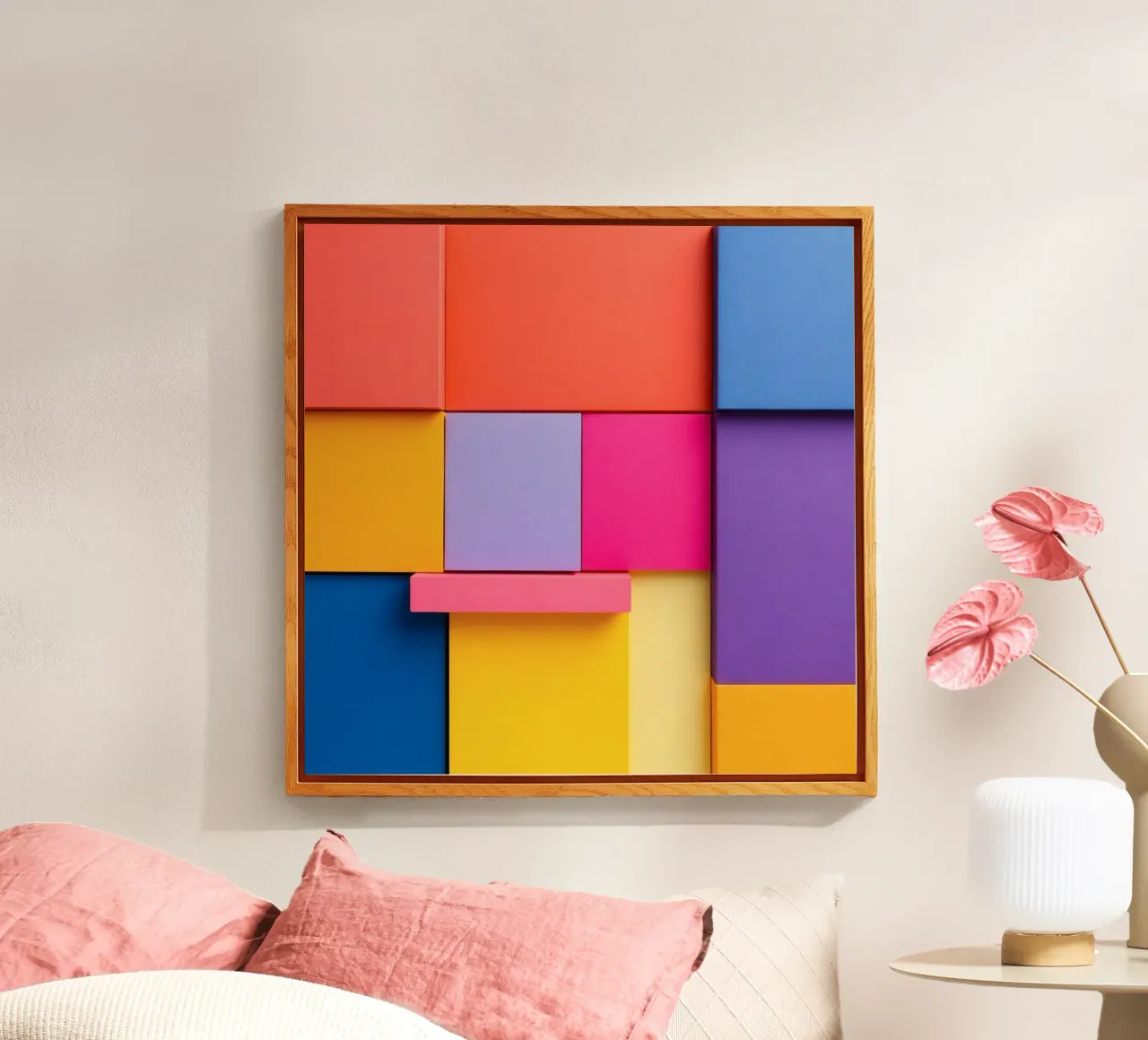 Colorful geometric shapes create a vibrant abstract design acrylic glass by DesignDoodle