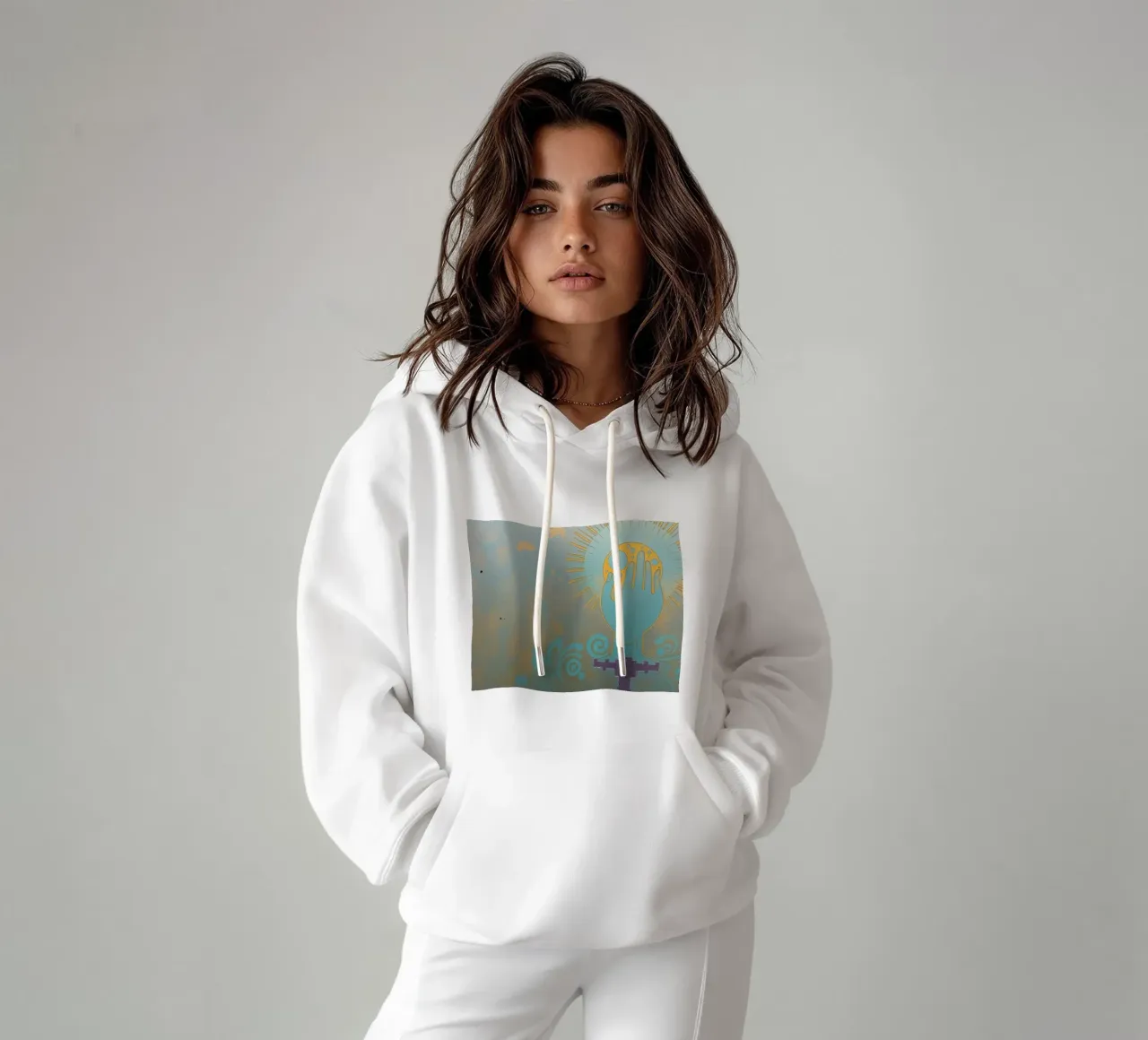 mural que representa una mano sosteniendo una luna sudadera con capucha de DesignDoodle
