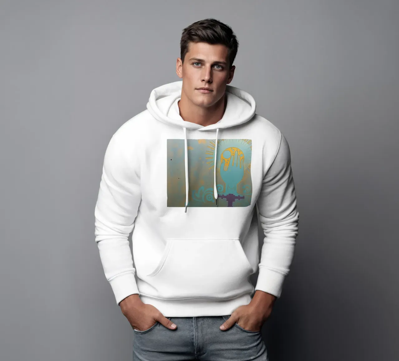 mural que representa una mano sosteniendo una luna sudadera con capucha de DesignDoodle