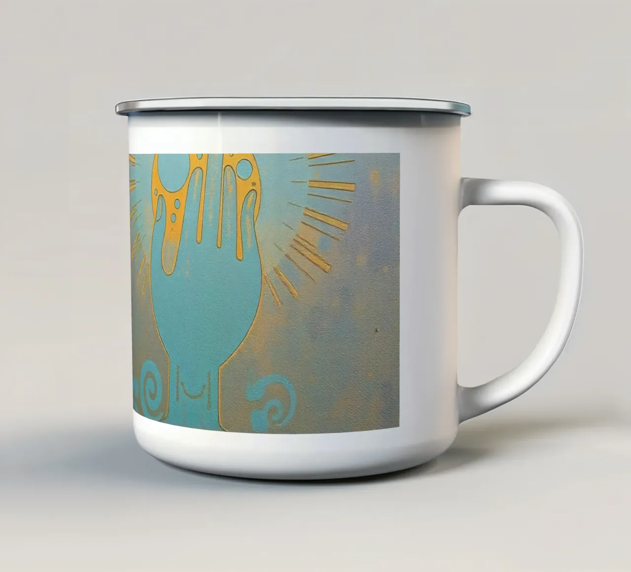 murale raffigurante una mano che regge una luna tazza in smalto da DesignDoodle