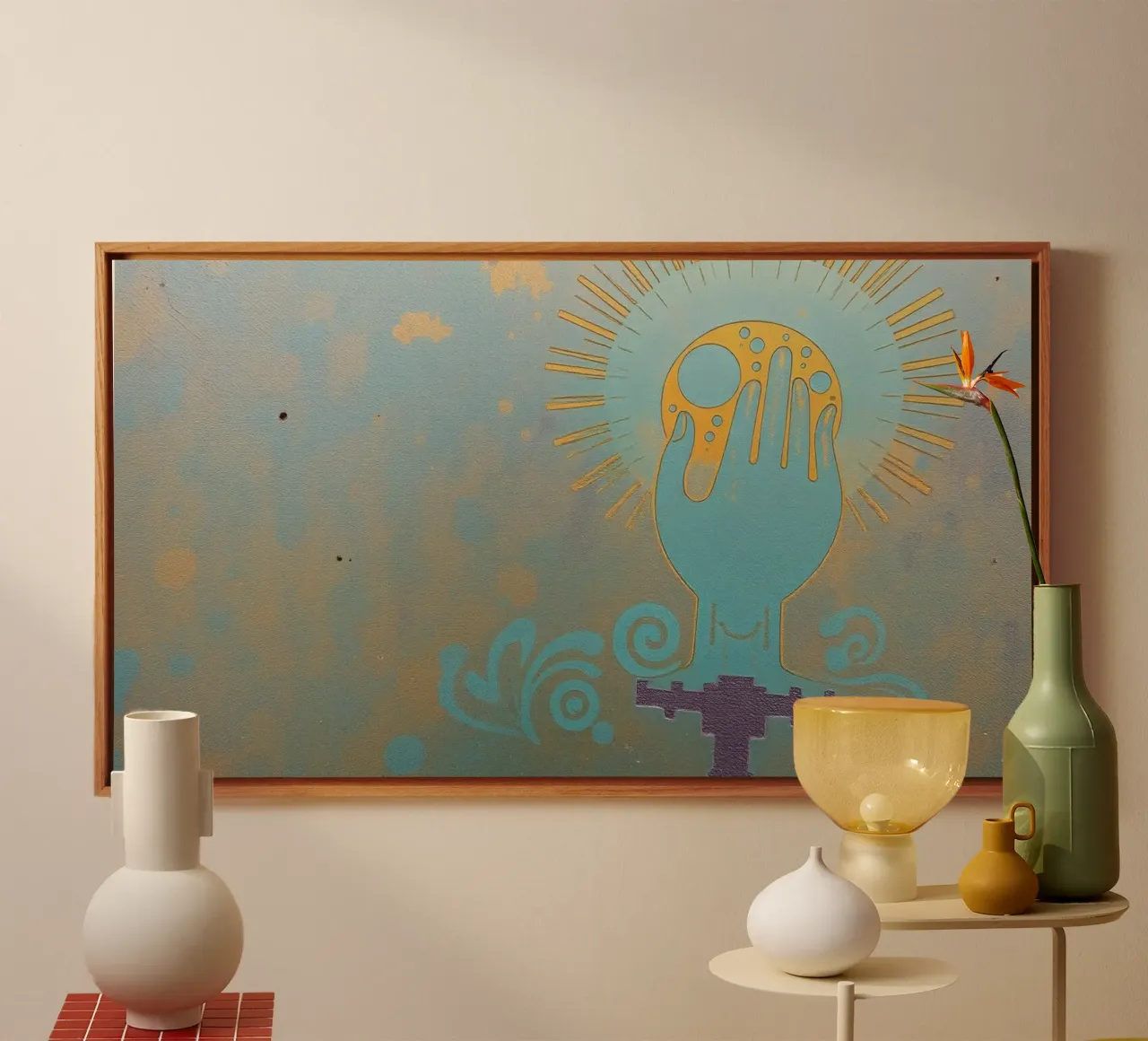 murale raffigurante una mano che regge una luna tela con Cornice a cassetta da DesignDoodle