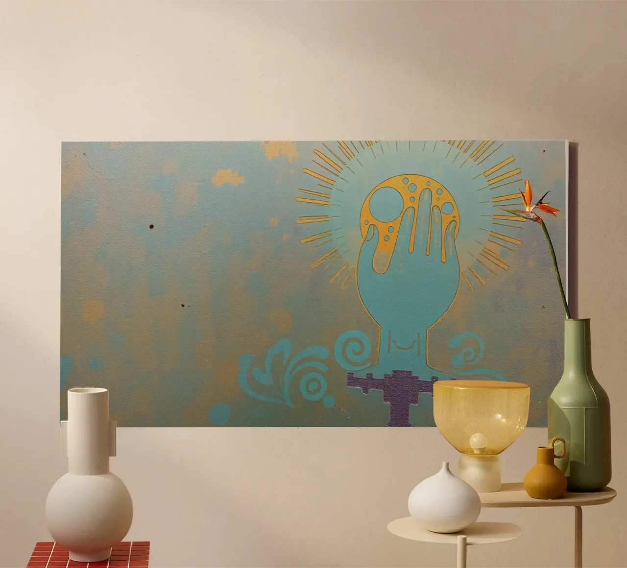 murale raffigurante una mano che regge una luna tela con Cornice a cassetta da DesignDoodle