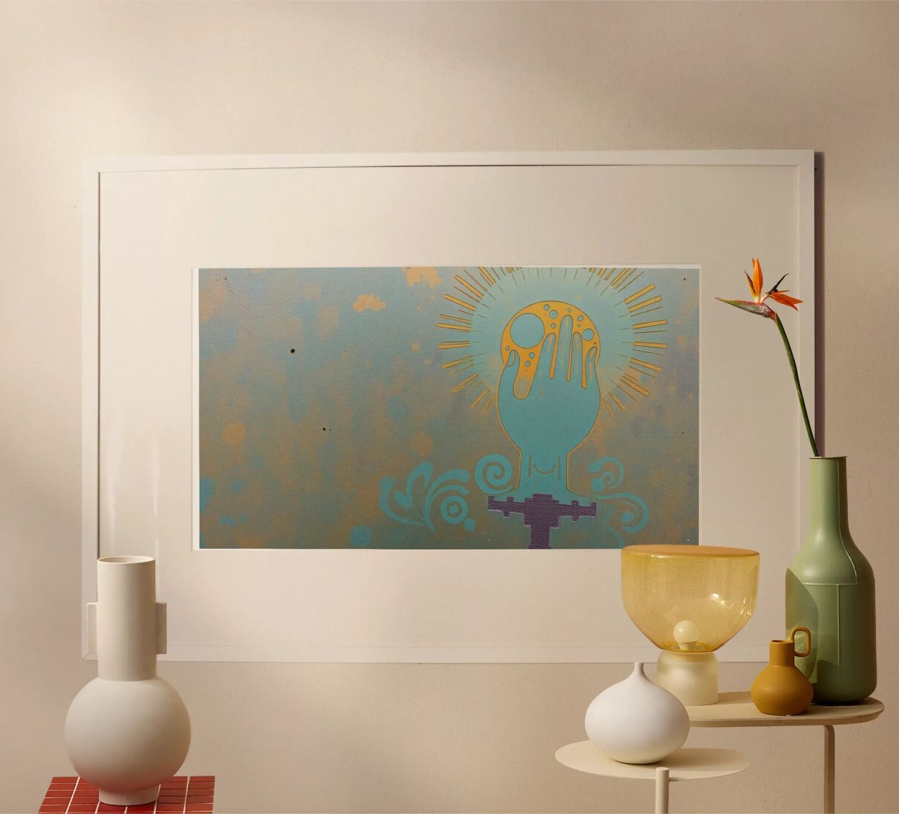 mural depicting a hand holding a moon poster by DesignDoodle