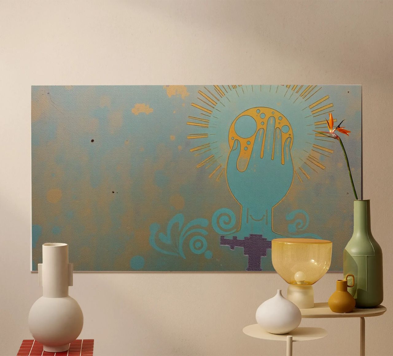 mural depicting a hand holding a moon poster by DesignDoodle