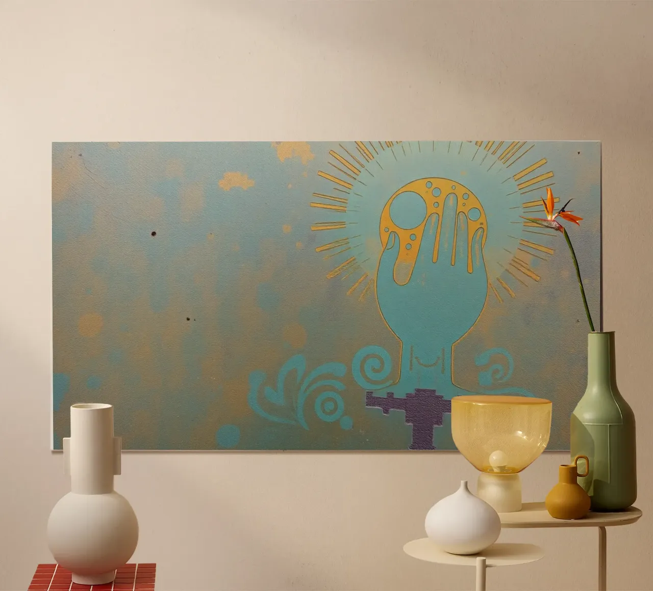 murale raffigurante una mano che regge una luna poster da DesignDoodle