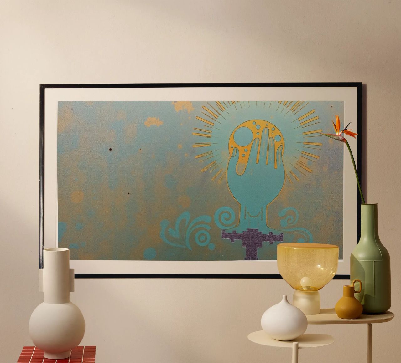 mural depicting a hand holding a moon poster by DesignDoodle