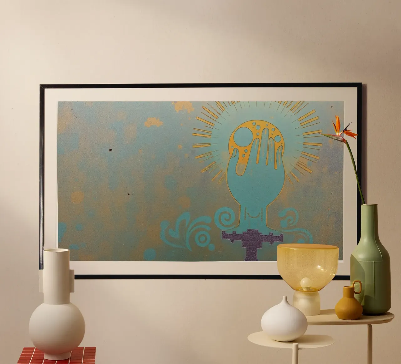 murale raffigurante una mano che regge una luna poster da DesignDoodle