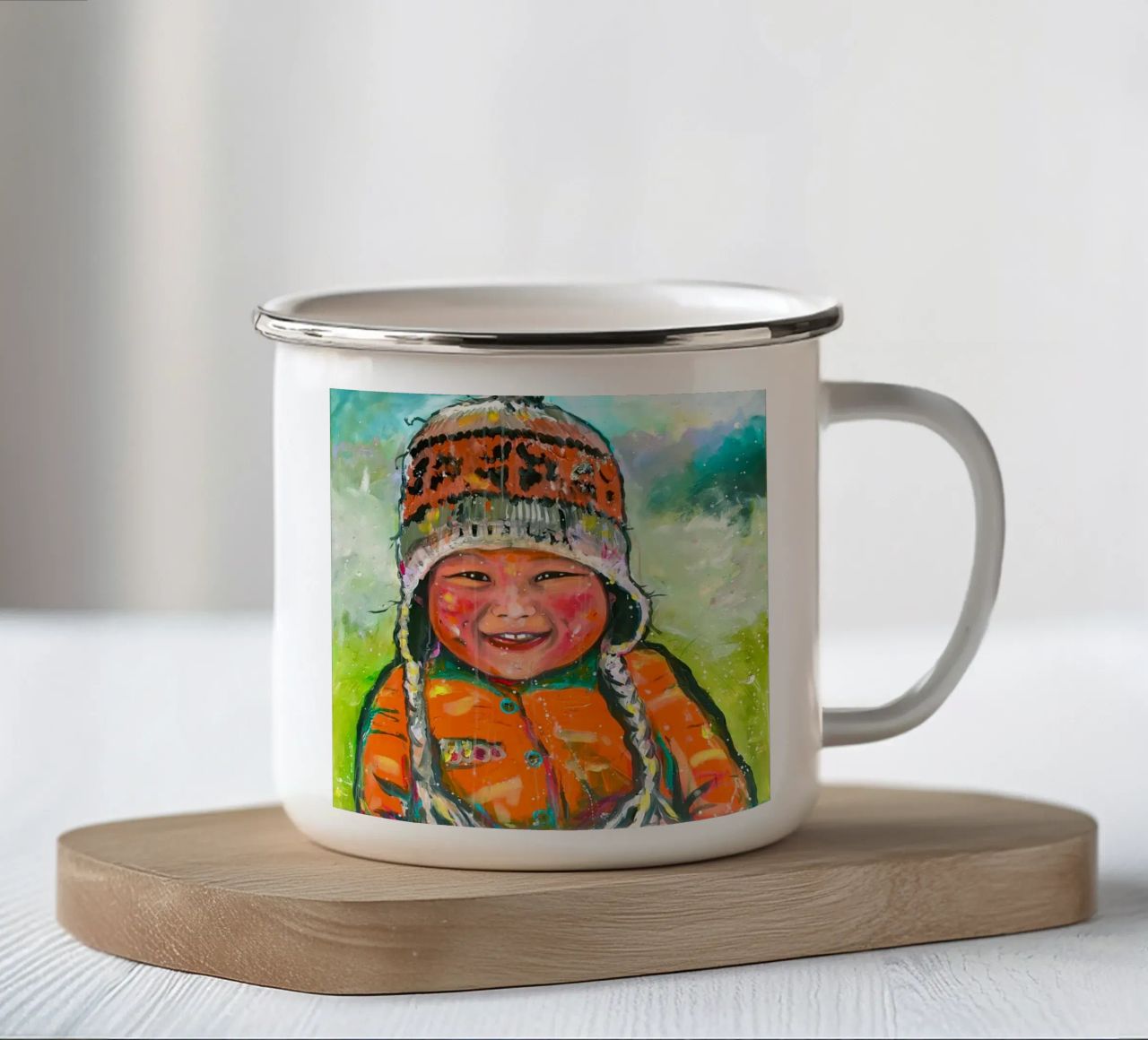 Un sorriso dal Tibet tazza in smalto da Happy 😃 Art 🎨 by Christine Schnoell