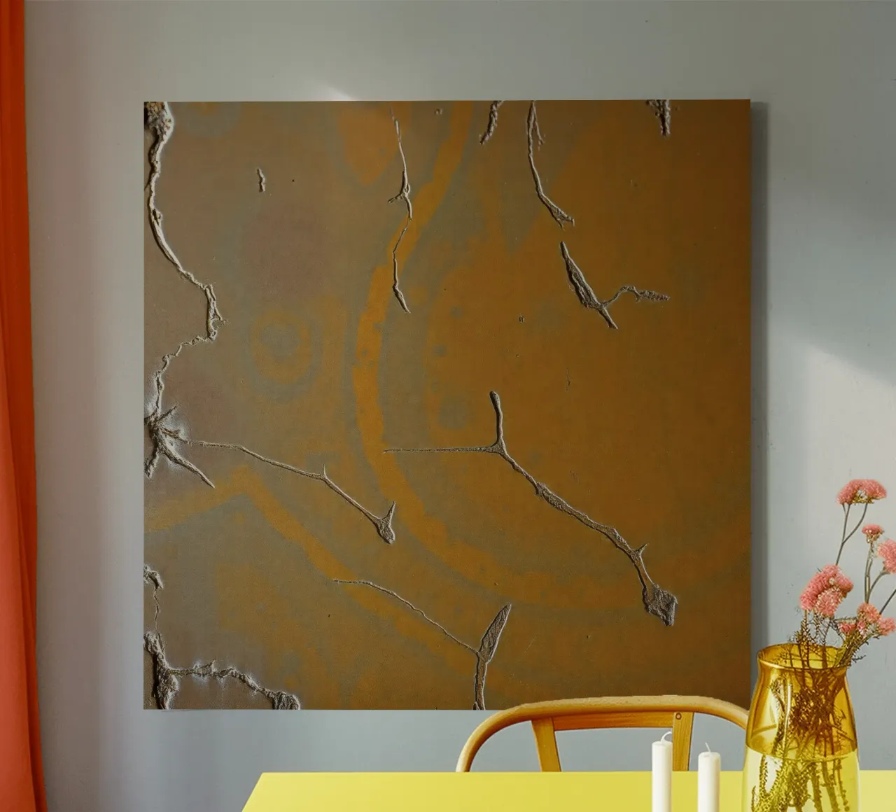 Textured surface shows cracks and patterns in warm tones canvas by DesignDoodle