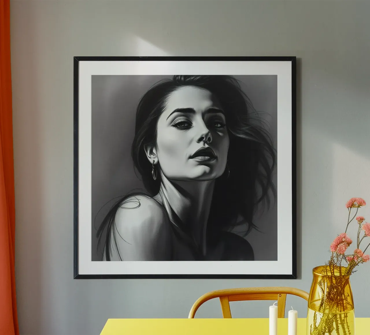 Accattivante ritratto di donna con capelli fluenti poster con telaio in legno da DesignDoodle