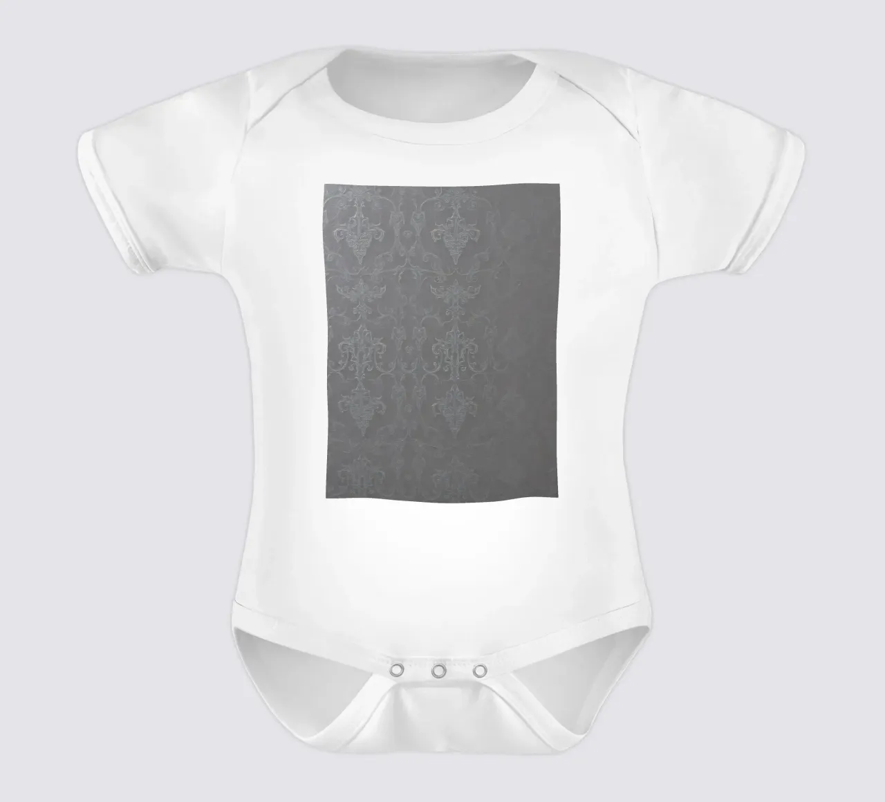 Elegant textured wallpaper with intricate pattern and subtle short-sleeve baby romper by DesignDoodle