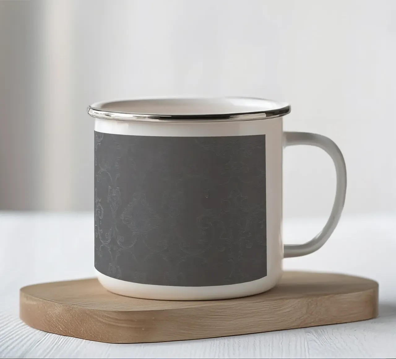 Elegant textured wallpaper with intricate pattern and subtle enamel mug by DesignDoodle