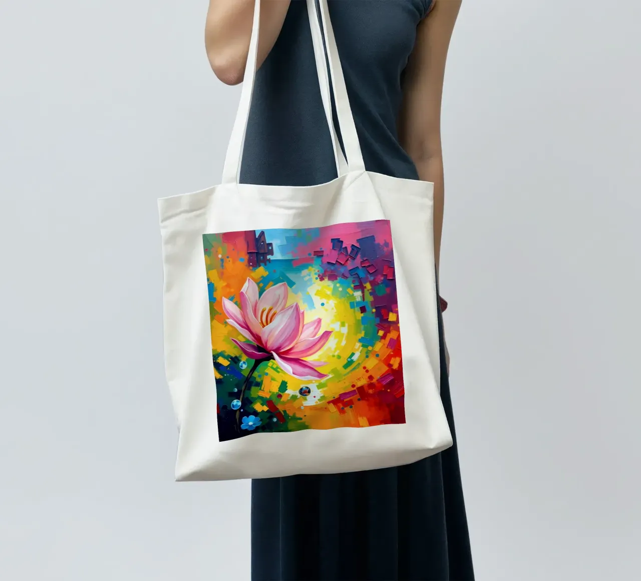 fleur de lotus s'épanouissant dans un fond d'écran abstrait et coloré tote bag de DesignDoodle