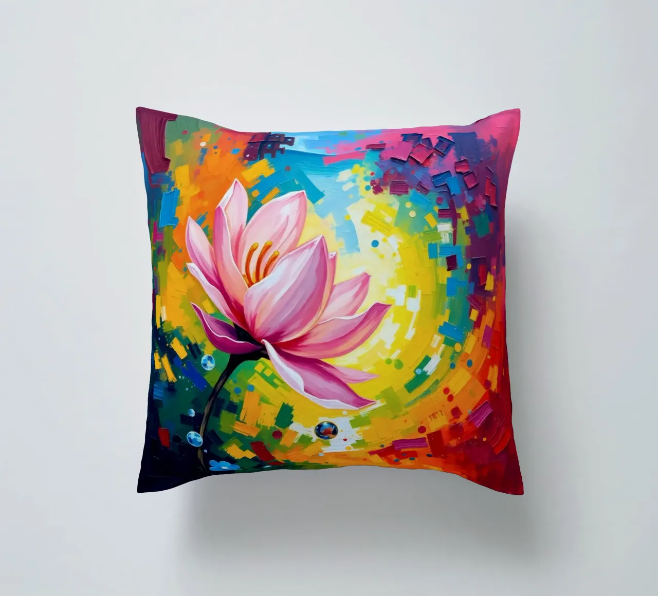 Fiore di loto che sboccia in una carta da parati astratta e colorata cuscino da DesignDoodle