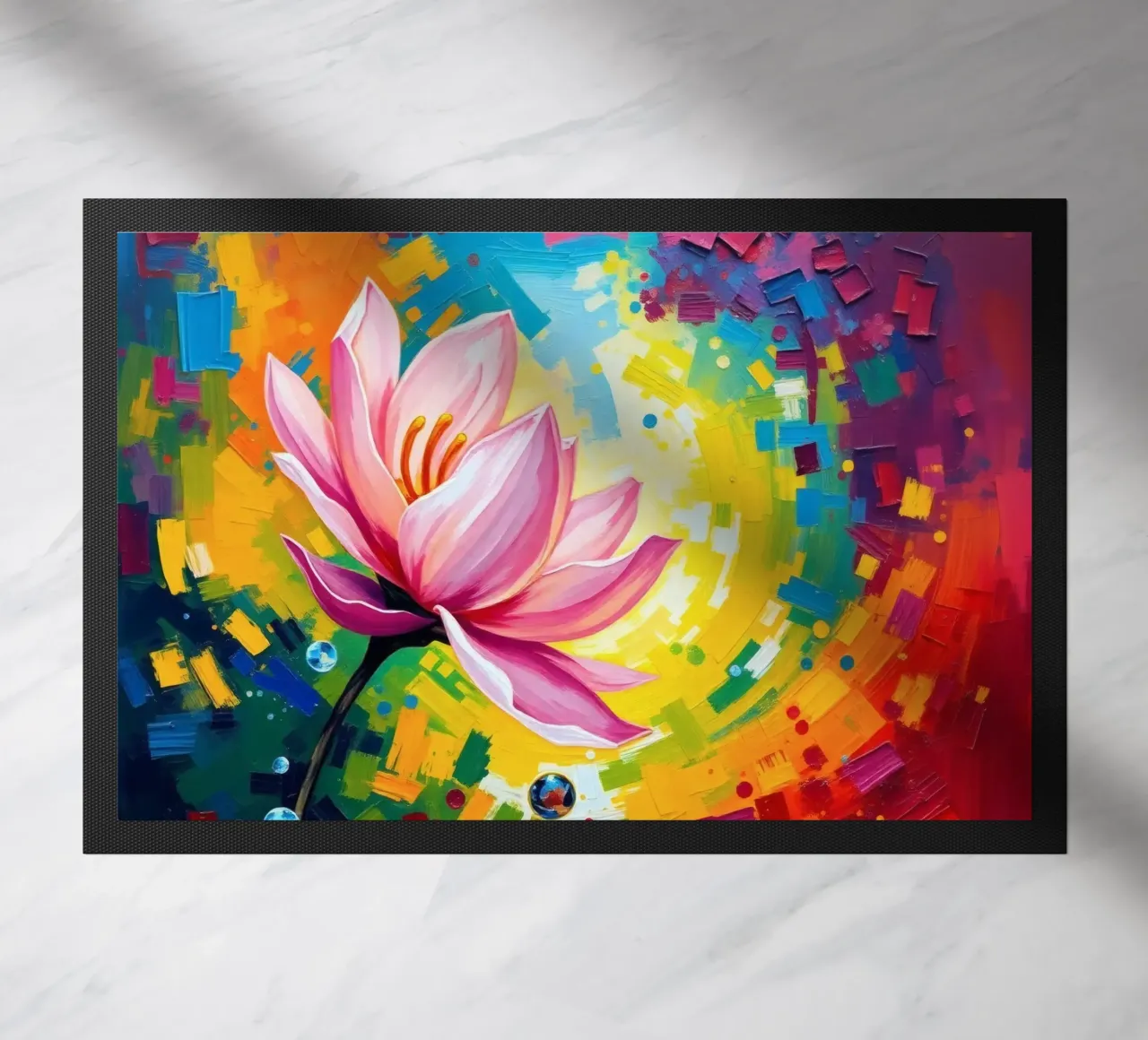 fleur de lotus s'épanouissant dans un fond d'écran abstrait et coloré paillasson de DesignDoodle