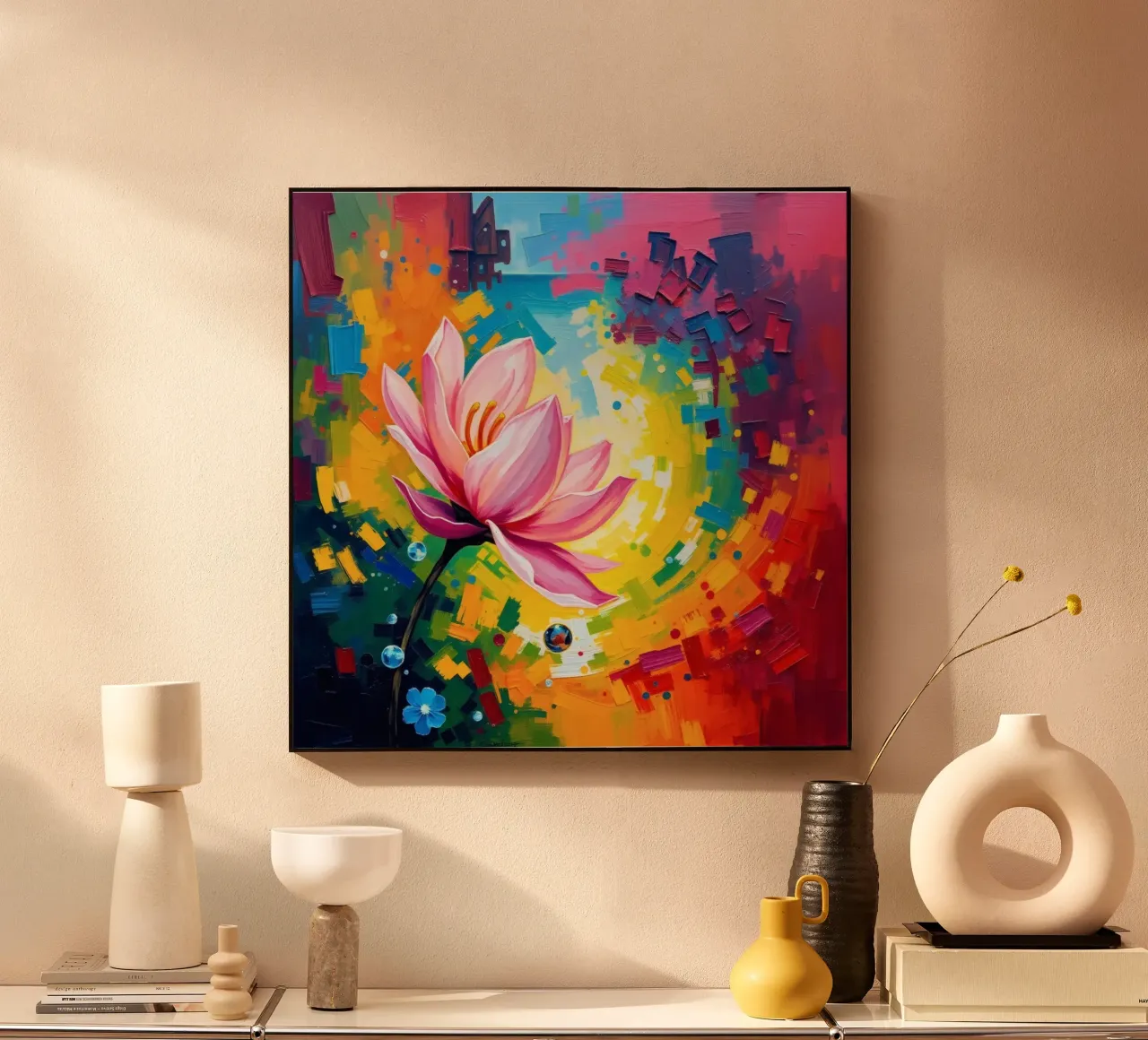 fleur de lotus s'épanouissant dans un fond d'écran abstrait et coloré alu dibond de DesignDoodle