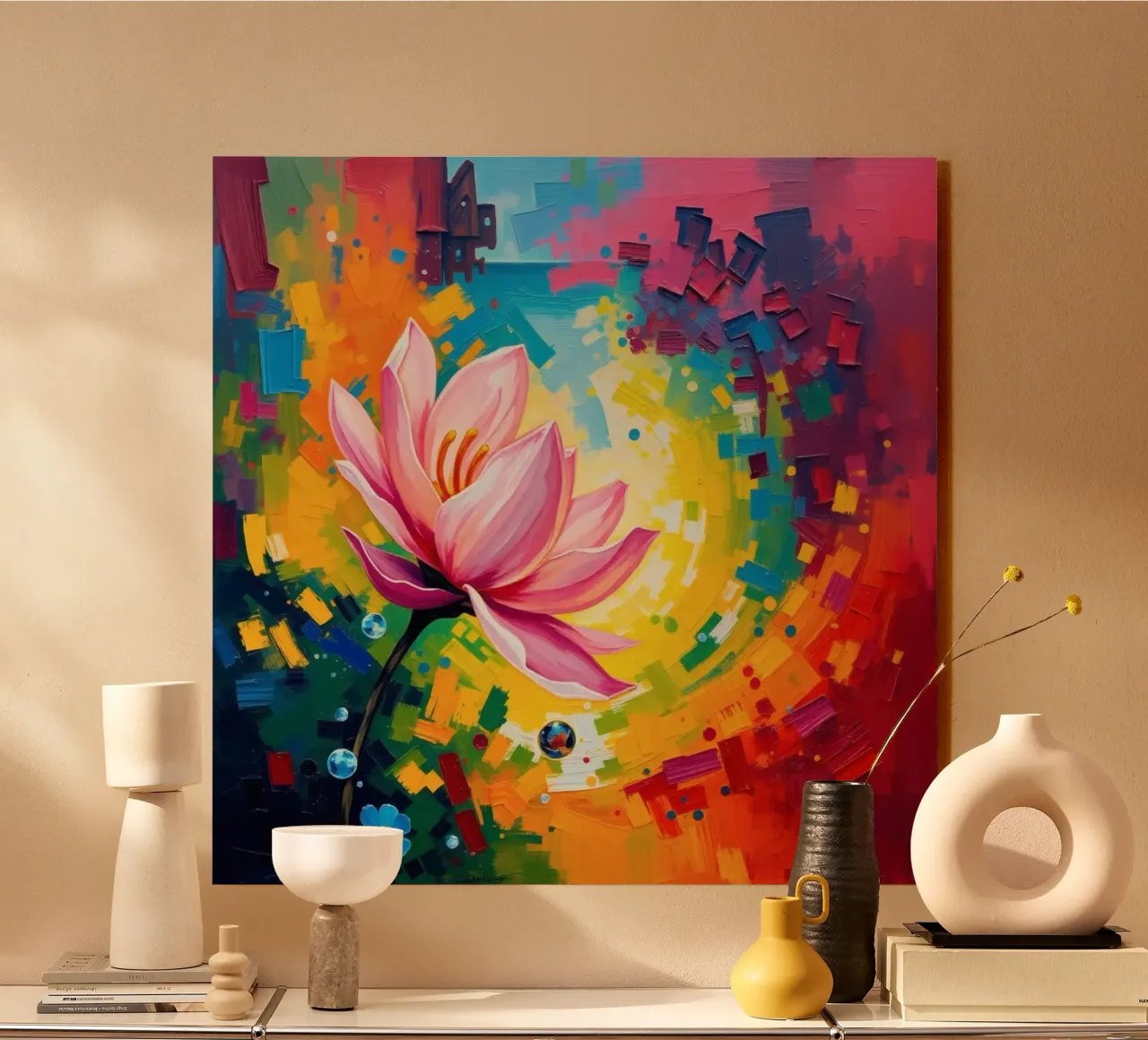 fleur de lotus s'épanouissant dans un fond d'écran abstrait et coloré alu dibond de DesignDoodle