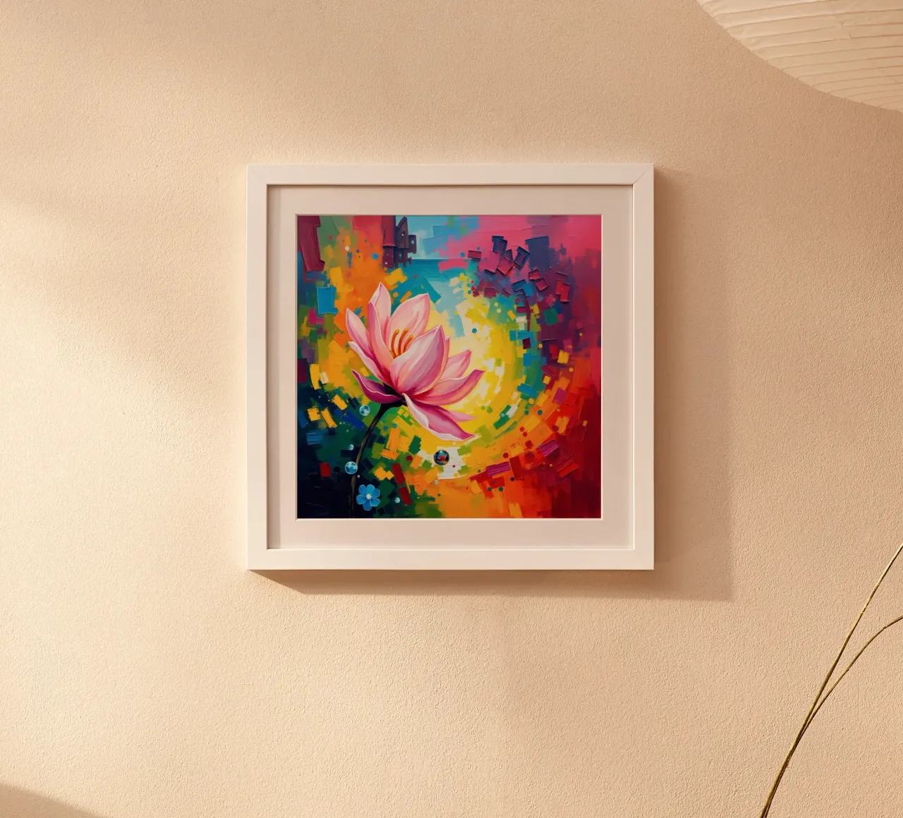 lotusbloem die in een abstract kleurrijk behang bloeit hahnemühle van DesignDoodle