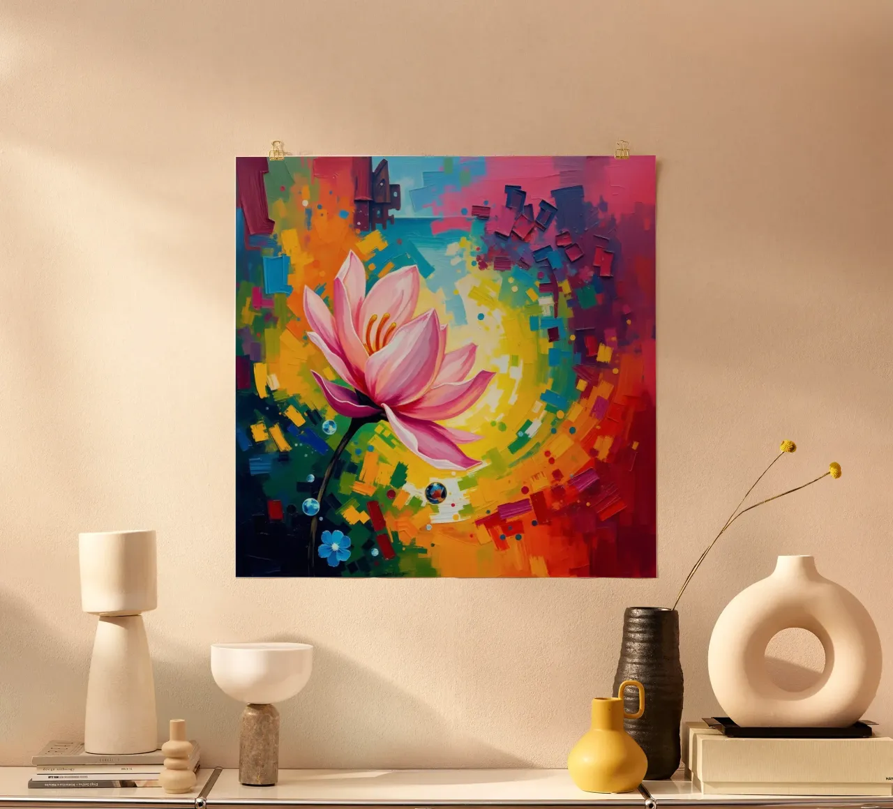 lotusbloem die in een abstract kleurrijk behang bloeit hahnemühle van DesignDoodle