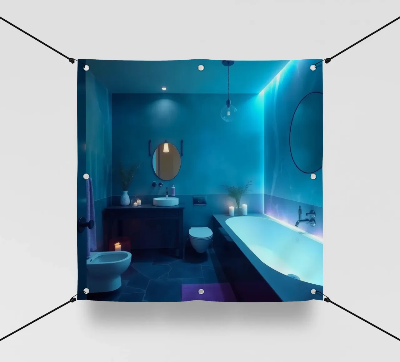 Bagno moderno con illuminazione blu telo in pvc da DesignDoodle