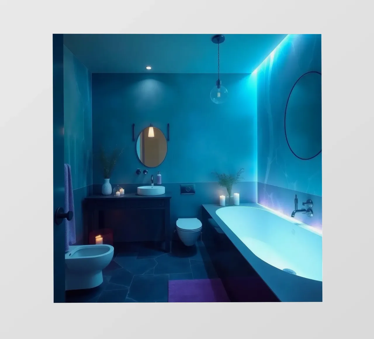 Bagno moderno con illuminazione blu telo in pvc da DesignDoodle