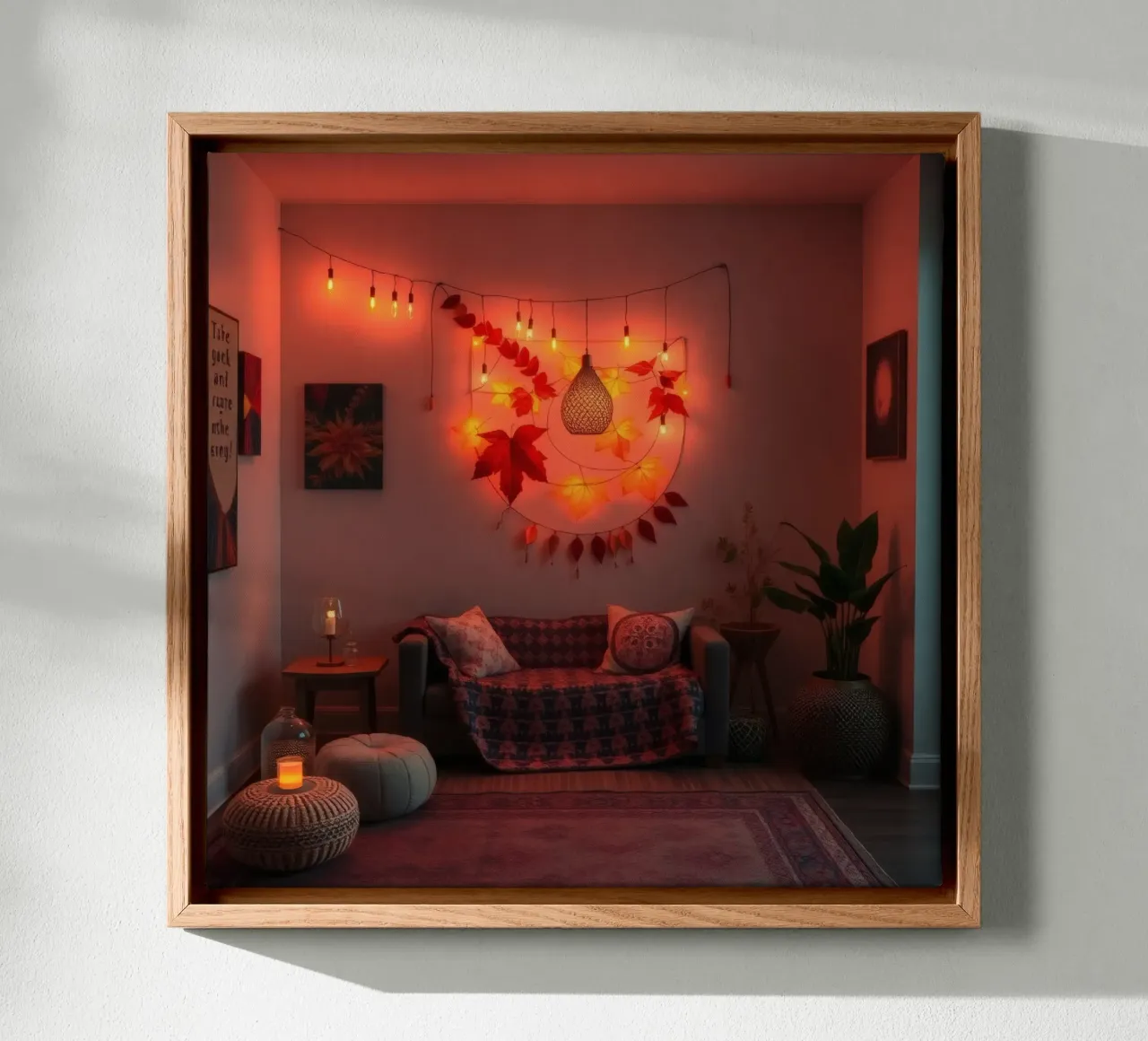 Gezellige woonkamer met herfstdecoraties en warme verlichting canvas met Baklijst van DesignDoodle