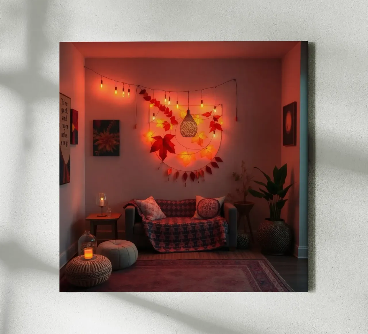 Gezellige woonkamer met herfstdecoraties en warme verlichting canvas met Baklijst van DesignDoodle