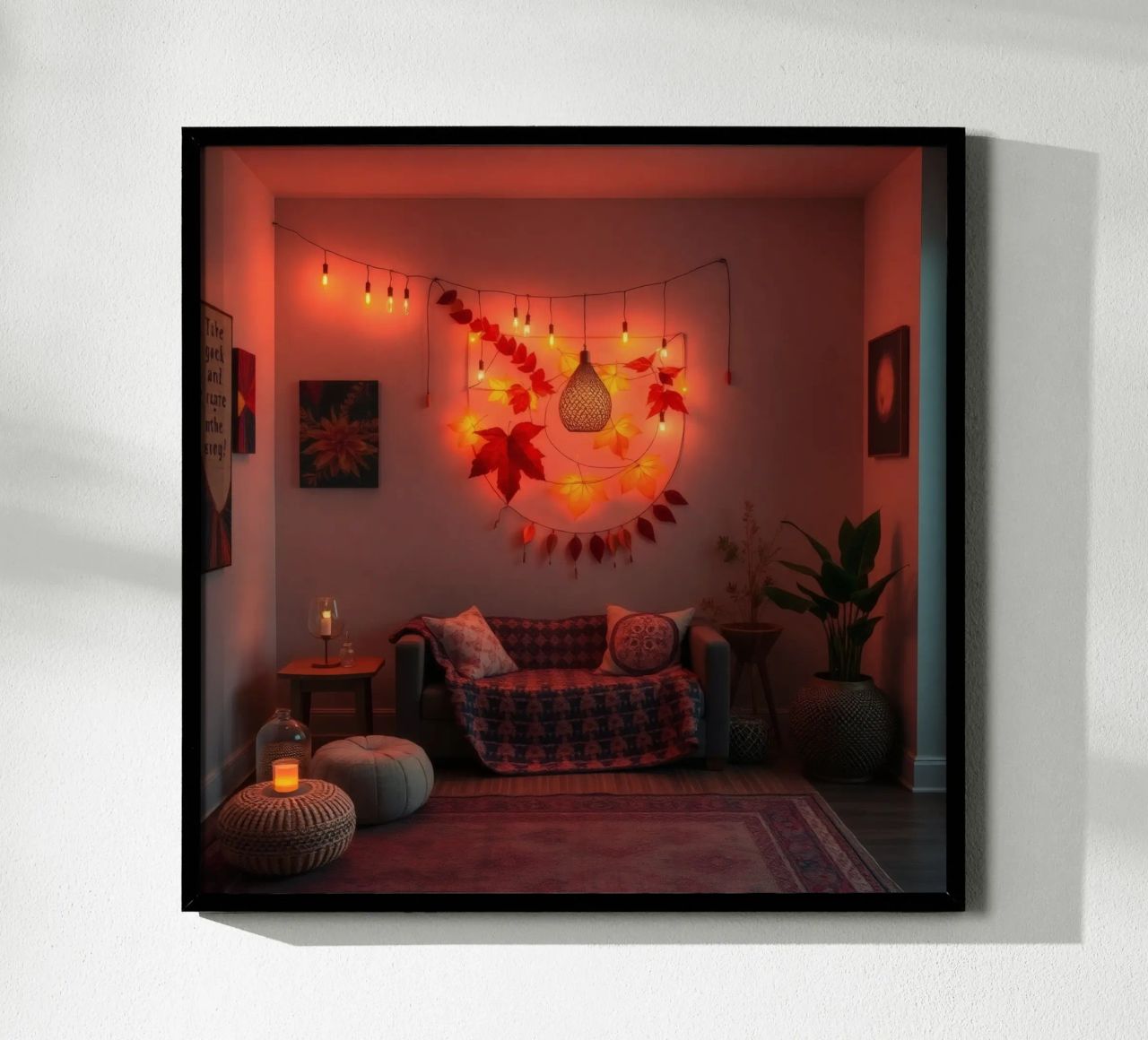 Cozy living room with autumn decorations and warm lighting poster by DesignDoodle