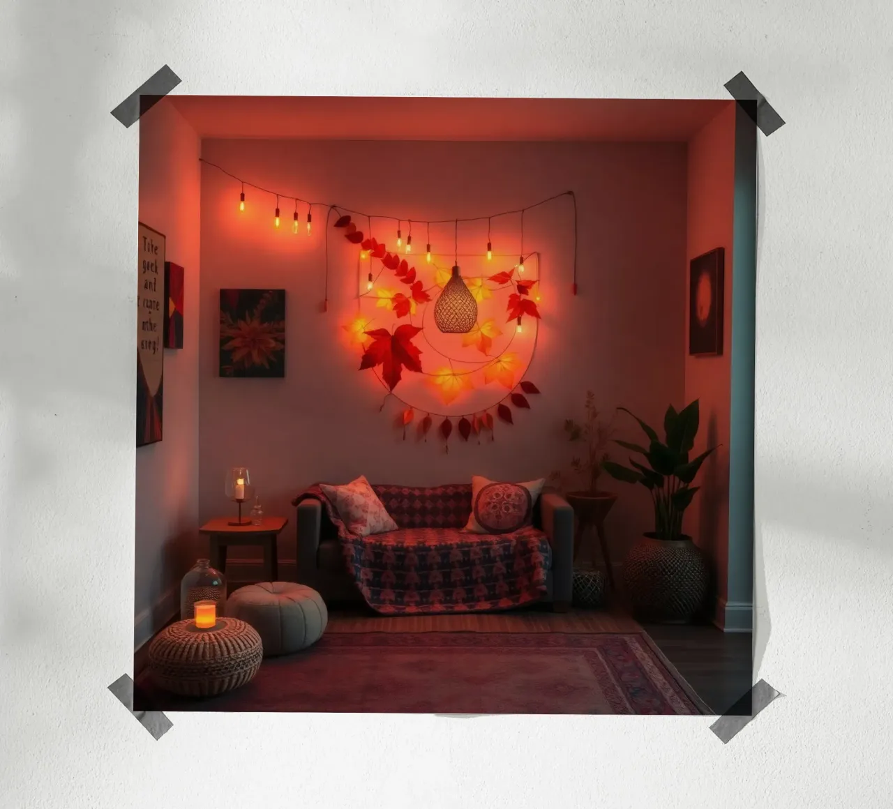 Salon confortable avec décorations d'automne et éclairage chaleureux poster avec cadre en plastique de DesignDoodle