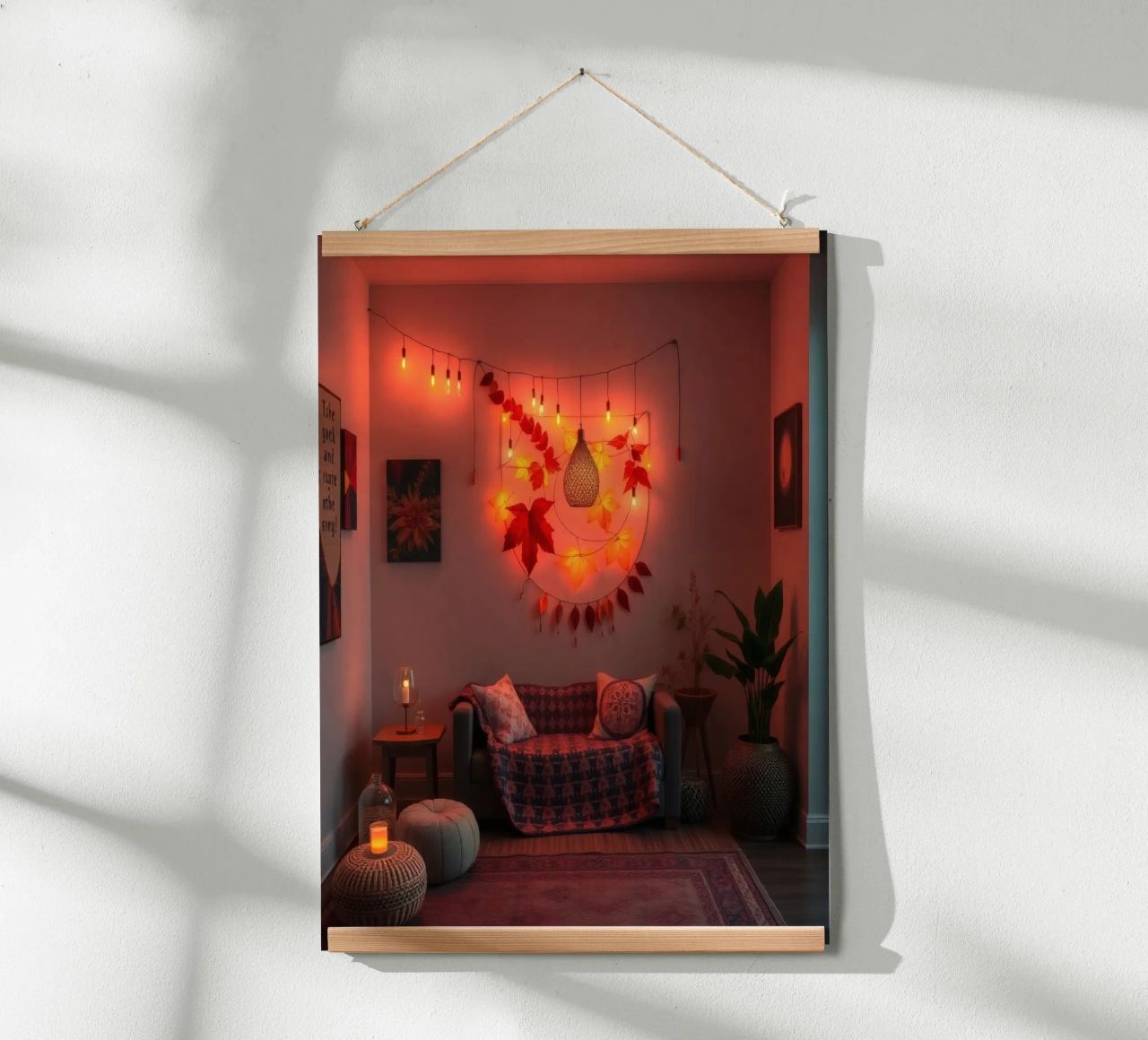 Cozy living room with autumn decorations and warm lighting poster by DesignDoodle