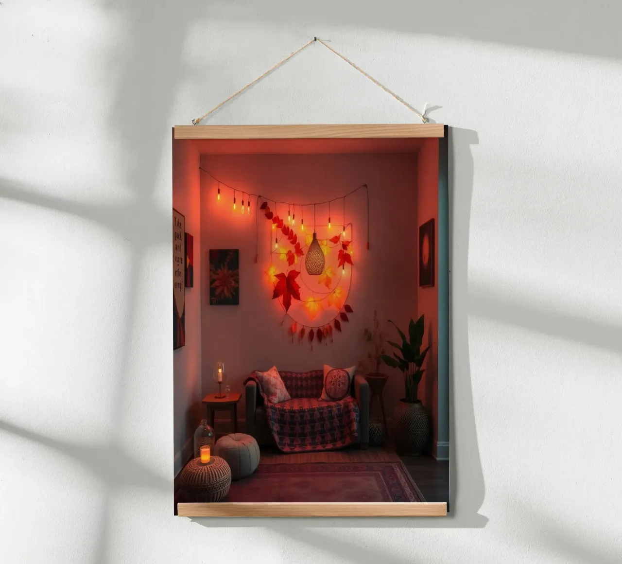 Salon confortable avec décorations d'automne et éclairage chaleureux poster avec cadre en plastique de DesignDoodle