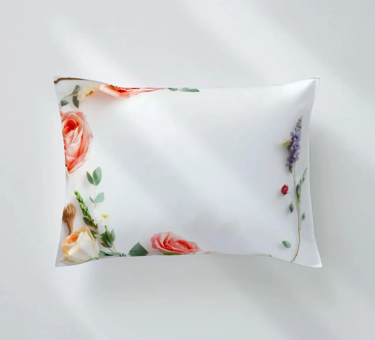 Rose e fogliame disposti in modo splendido su una superficie bianca cuscino da DesignDoodle