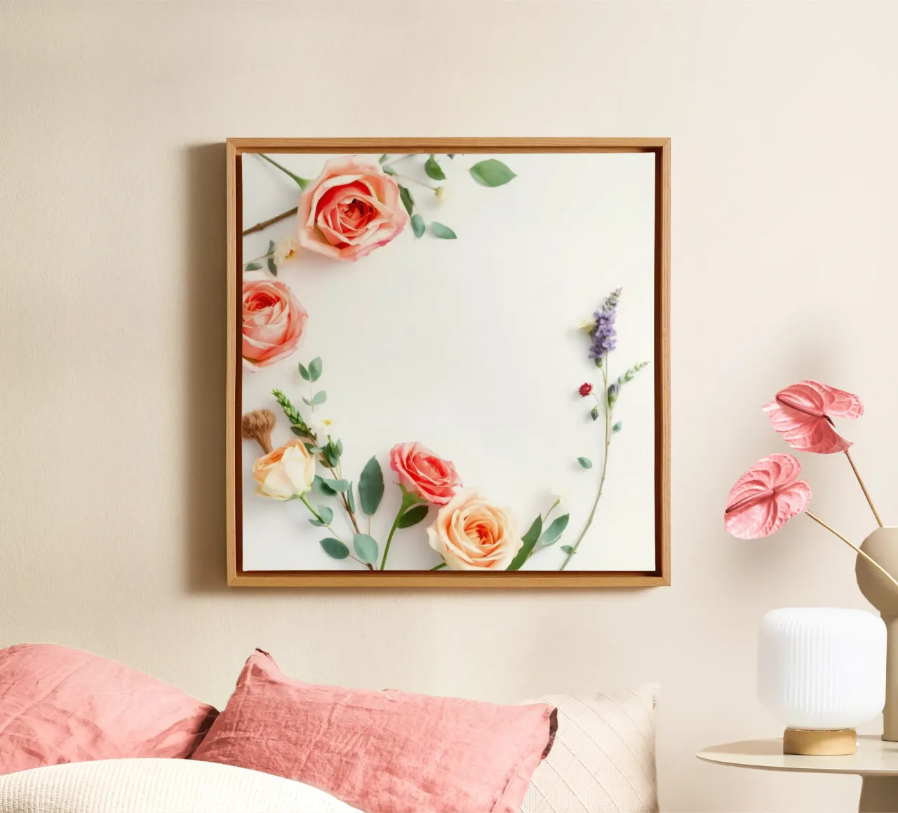 Rose e fogliame disposti in modo splendido su una superficie bianca tela con Cornice a cassetta da DesignDoodle