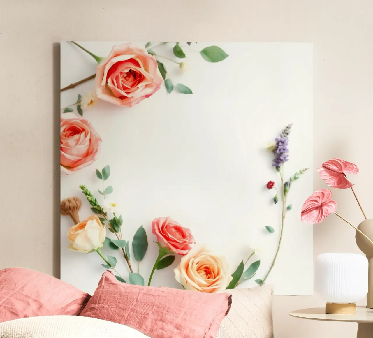 Rose e fogliame disposti in modo splendido su una superficie bianca tela con Cornice a cassetta da DesignDoodle