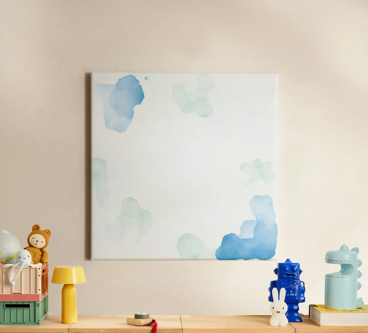 Watercolor abstract design featuring soft blues and greens canvas with Floater frame by DesignDoodle
