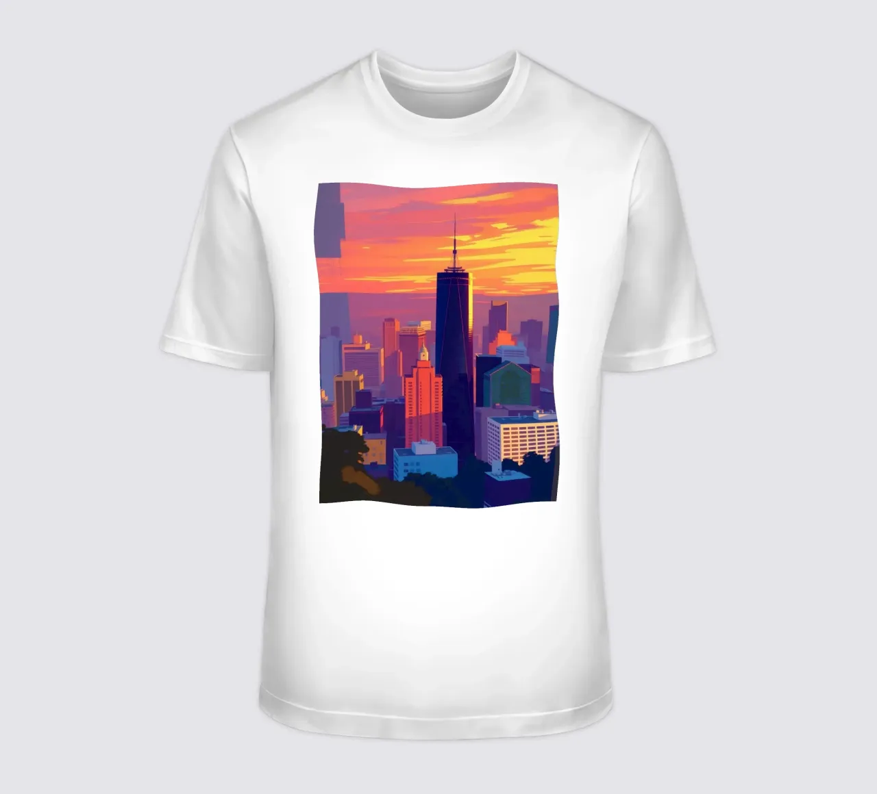 city skyline at sunset showcasing tall buildings t-shirt by DesignDoodle