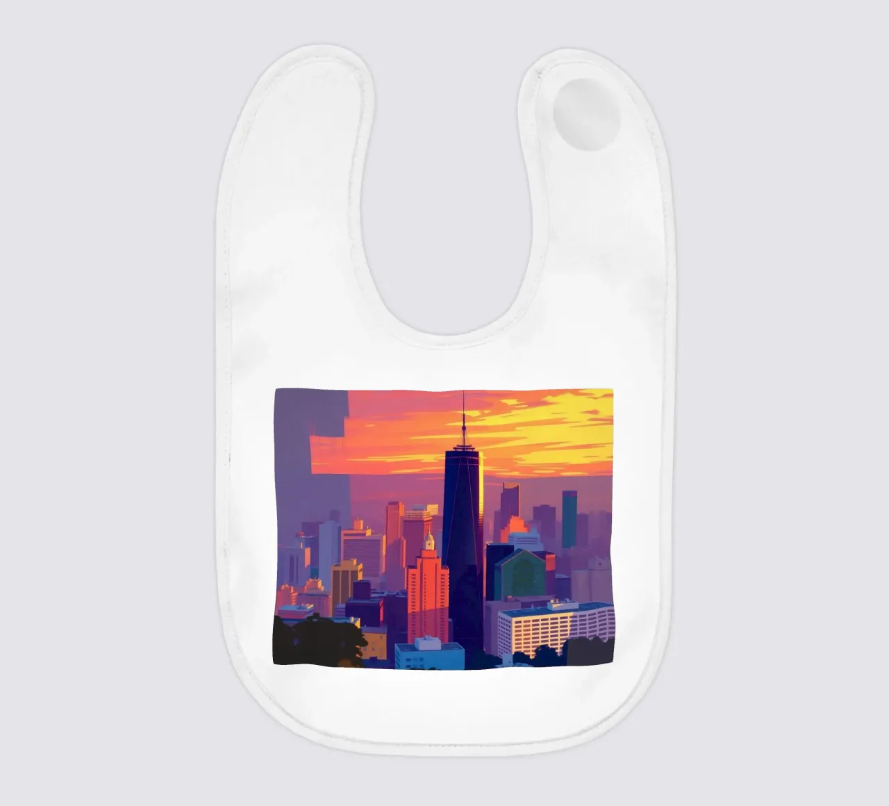city skyline at sunset showcasing tall buildings baby bib by DesignDoodle