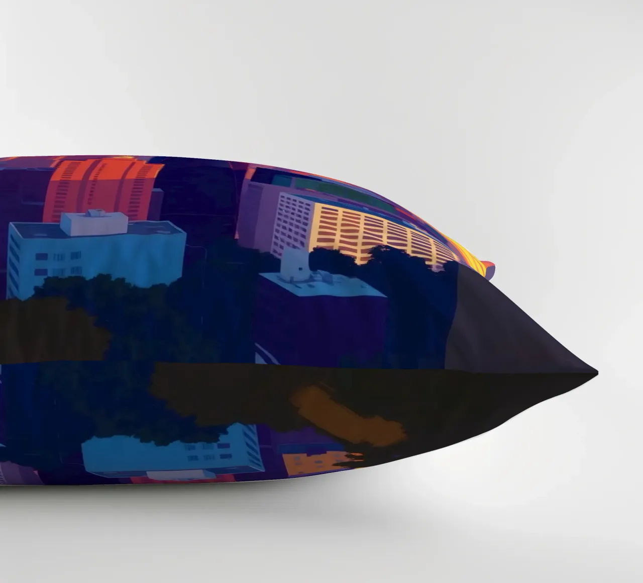 city skyline at sunset showcasing tall buildings decorative cushion by DesignDoodle