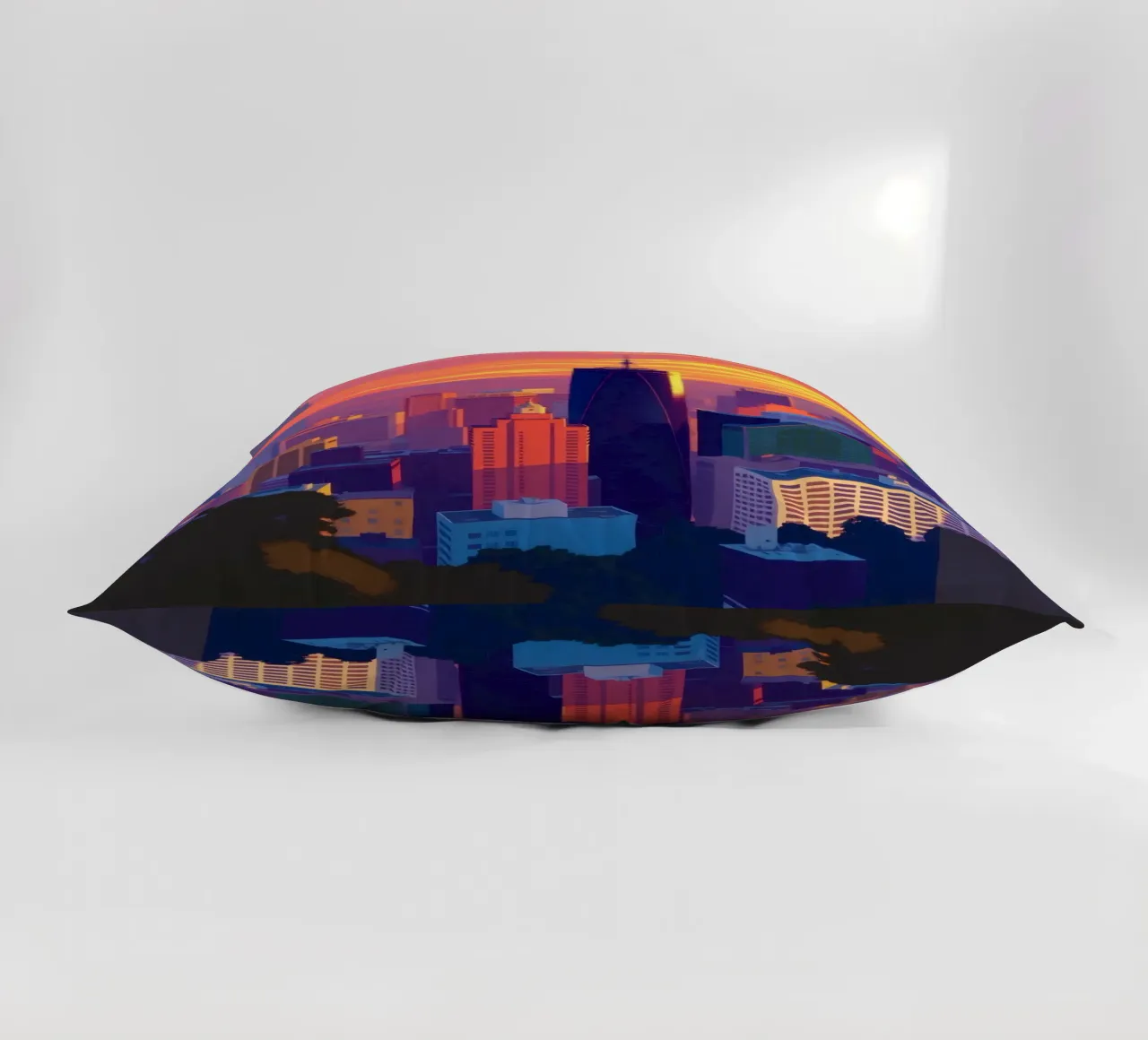 city skyline at sunset showcasing tall buildings decorative cushion by DesignDoodle
