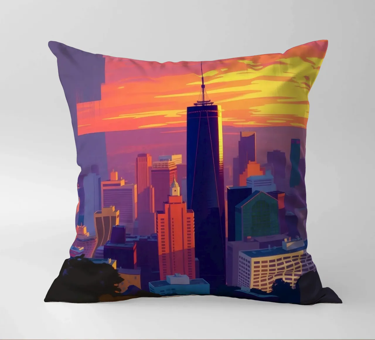 city skyline at sunset showcasing tall buildings decorative cushion by DesignDoodle