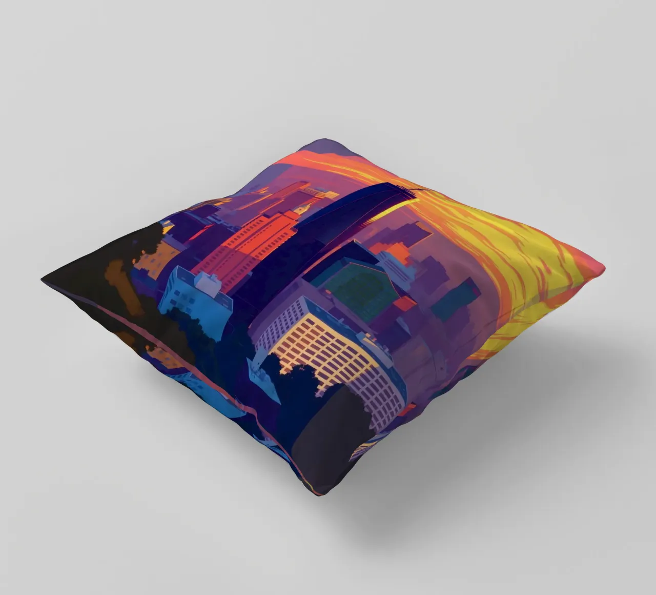 city skyline at sunset showcasing tall buildings decorative cushion by DesignDoodle