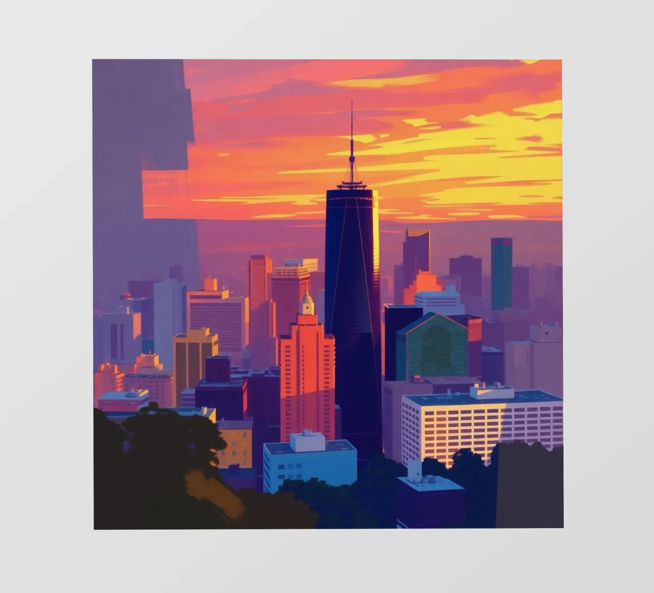 skyline della città al tramonto con gli edifici più alti pellicola backlit da DesignDoodle