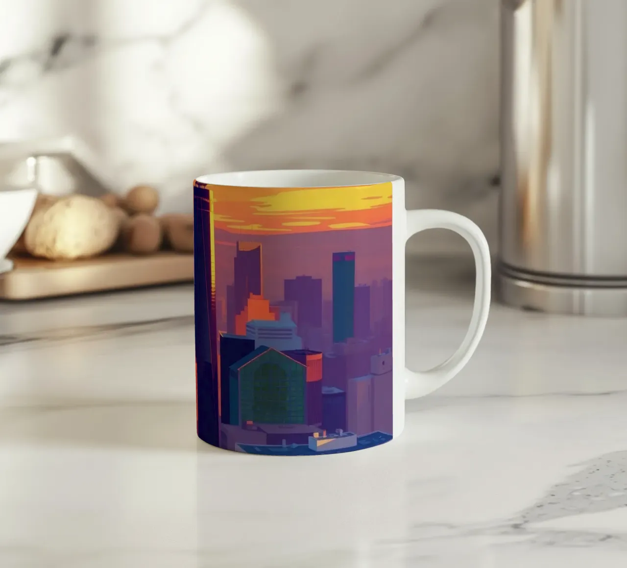 skyline della città al tramonto con gli edifici più alti tazza in ceramica da DesignDoodle