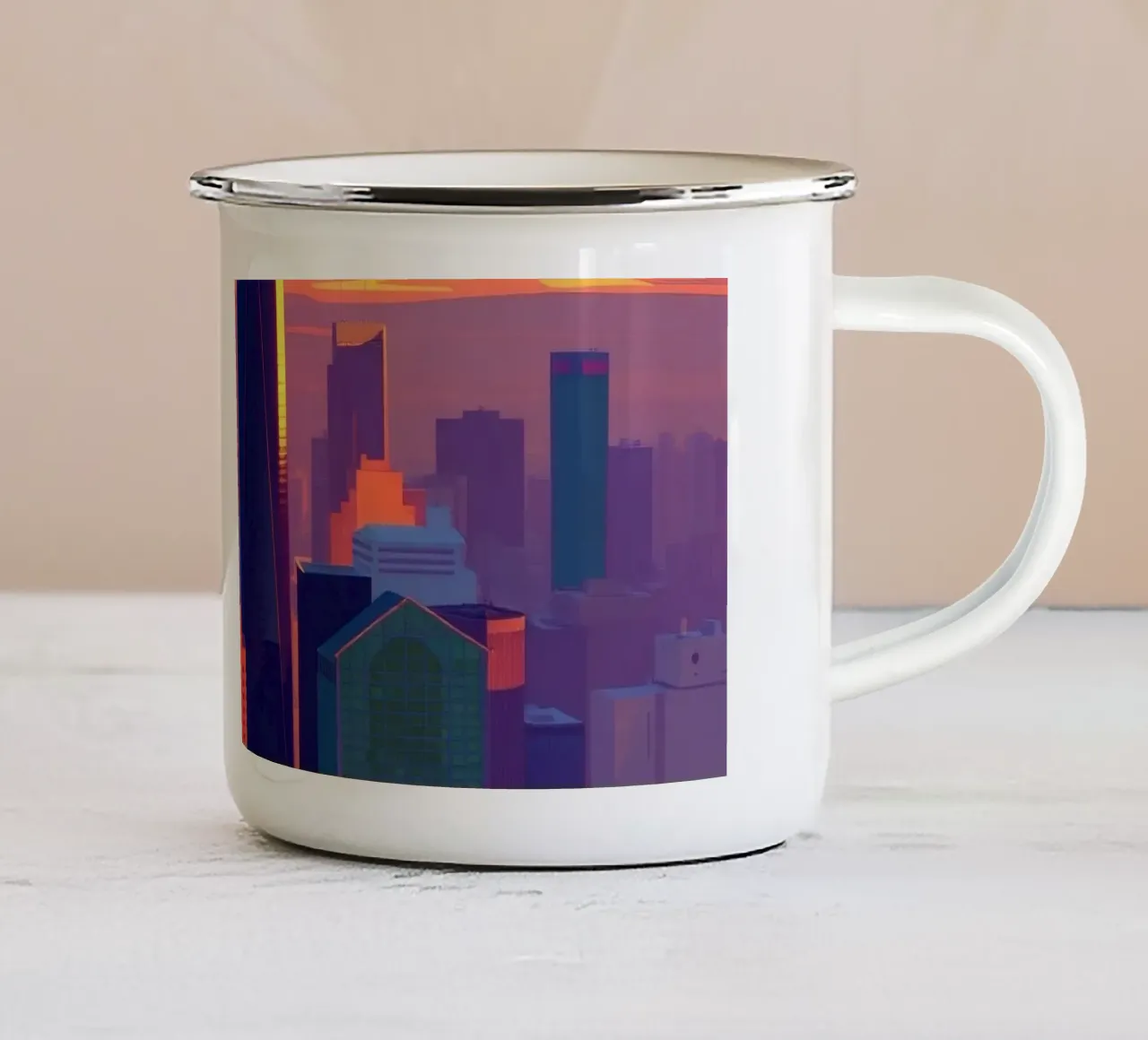 skyline della città al tramonto con gli edifici più alti tazza in smalto da DesignDoodle