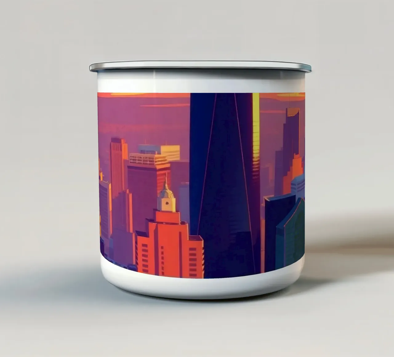 skyline della città al tramonto con gli edifici più alti tazza in smalto da DesignDoodle
