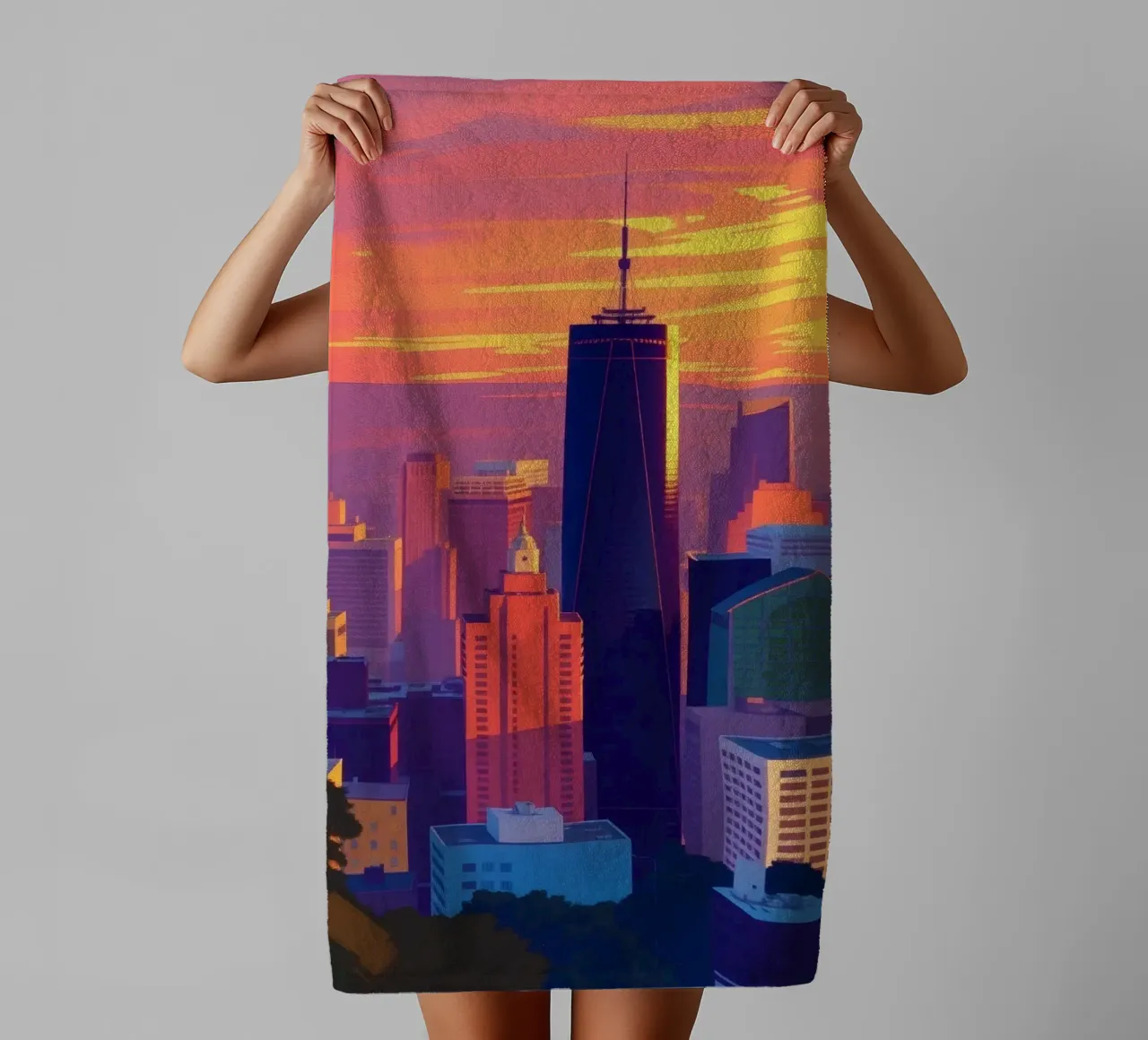 skyline della città al tramonto con gli edifici più alti asciugamano da bagno da DesignDoodle