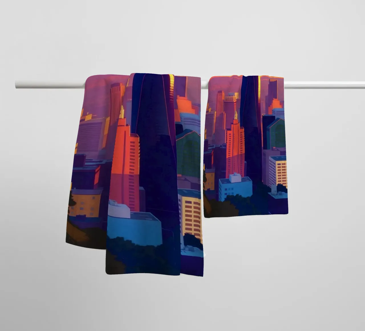 skyline della città al tramonto con gli edifici più alti asciugamano da bagno da DesignDoodle