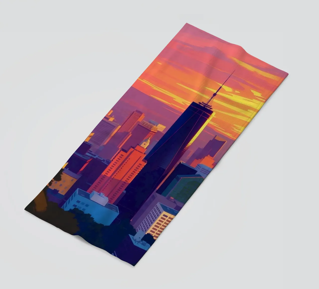 skyline della città al tramonto con gli edifici più alti telo mare da DesignDoodle