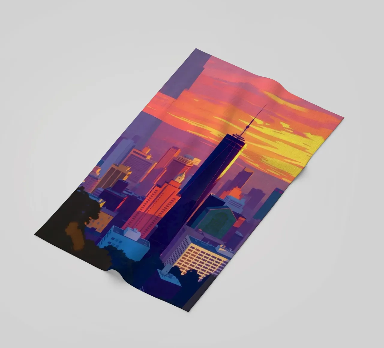 skyline della città al tramonto con gli edifici più alti telo mare da DesignDoodle