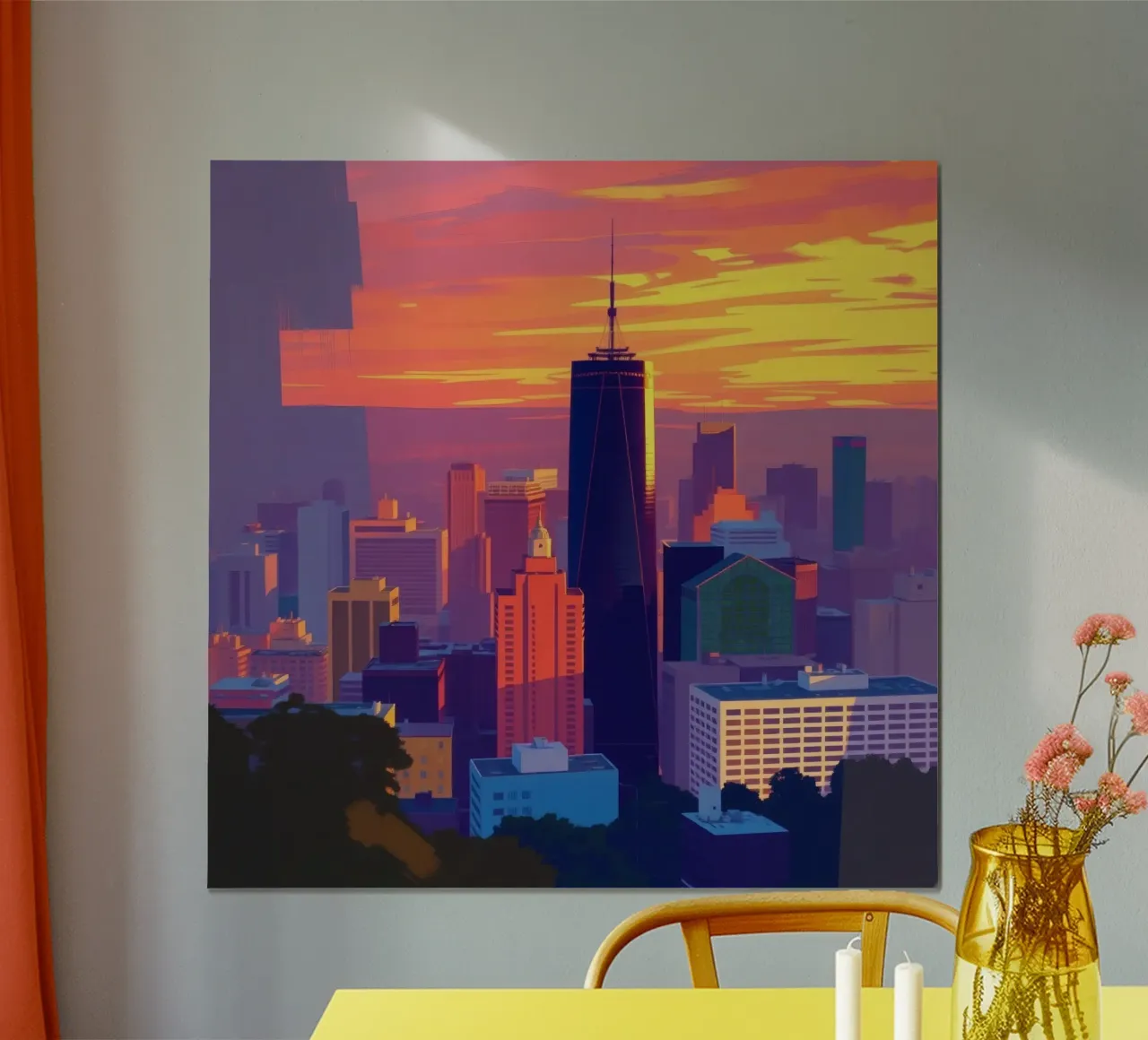 city skyline at sunset showcasing tall buildings hahnemühle by DesignDoodle